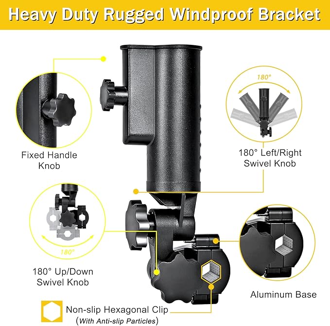 Heavy-Duty Golf Push Cart Umbrella Holder Aluminum Base 180° Adjustable for Stroller Bike Wheelchair Bicycle Mobility Scooter Beach Chair Universal Windproof Umbrella Mount