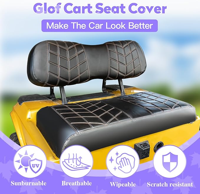 4PCS Golf Cart Seat Covers Kit, Front and Rear Seat Covers,Vinyl Seat Covers Accessories, No Staples（Black&Brown Stitch） (Fits Club Car DS 2000.5-Up)