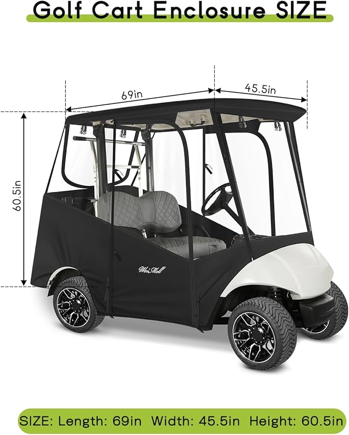 Golf Cart Enclosure 2 Passenger for Yamaha G29 Drive 2 600D Waterproof Windproof Driving Rain Cover Fit 2-Seater Short Roof with 4-Sided Clear Windows Mirror Openings Roll-up Zipper Door Black