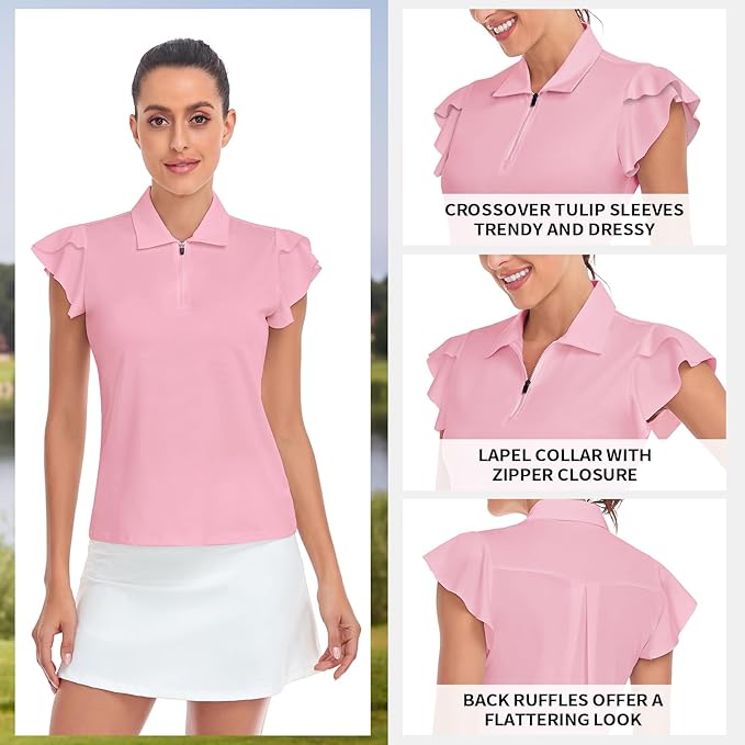 Soneven Womens Petal Sleeve Golf Shirts Moisture Wicking Lady Golf Apparel Print Tennis Sport T Shirt