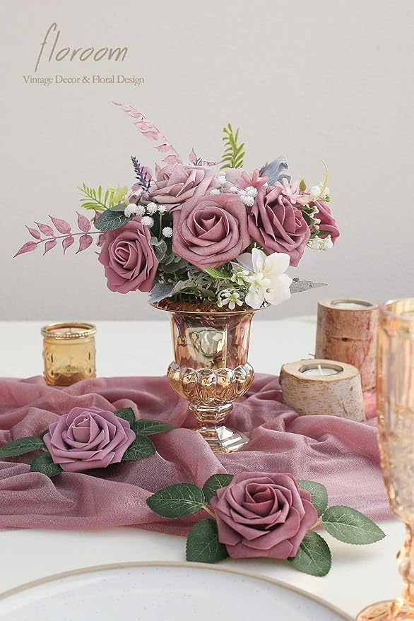 Floroom Artificial Flowers 25pcs Real Looking Mauve Ombre Colors Foam Fake Roses - Image 2