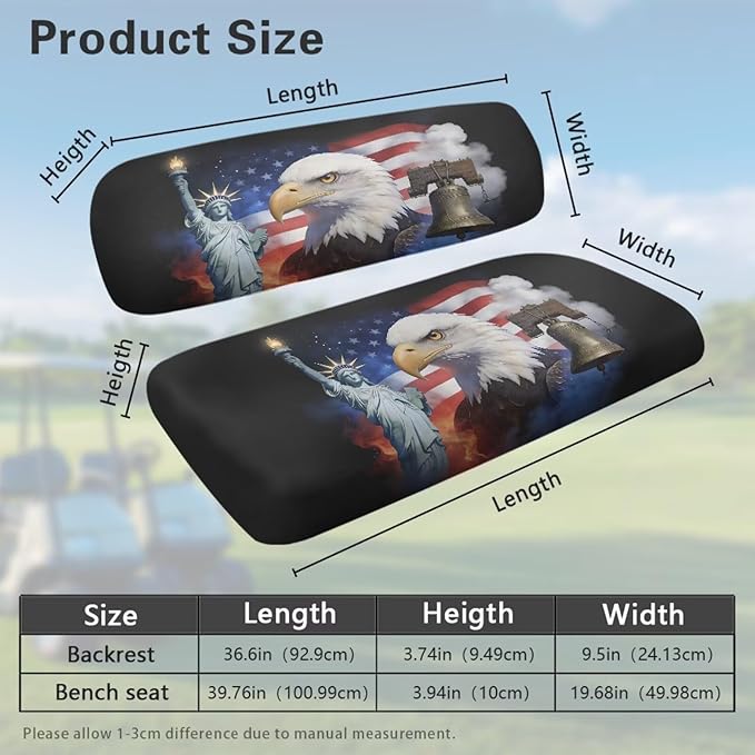 Yewatlles 250th Eagle Golf Cart Seat Covers 2 Piece Set Universal Golf Cart Seat and Backrest Covers Funny Golf Cart Accessories for Women Men Easy to Install