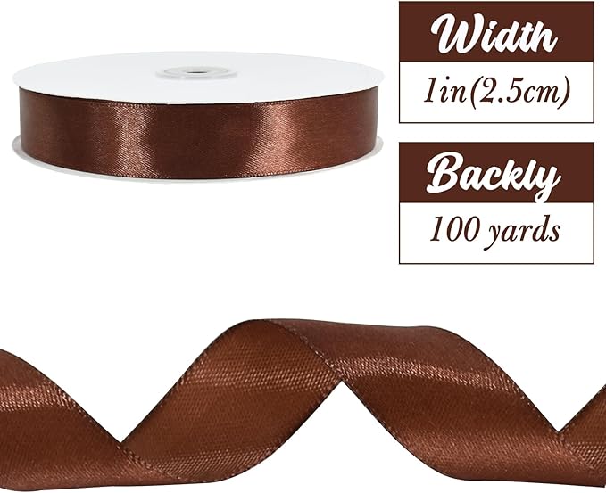 TONIFUL 1 Inch x 100yds Coffee Brown Satin Ribbon, Thin Solid Color Satin Ribbon - Image 2
