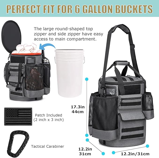 Baseball Bucket Bag Baseball Coaching Accessories Organizer Tactical Style Softball Bucket Bag with Anti-Slip Bottom, Multiple Pockets for Bat, Gloves, Scoreboards