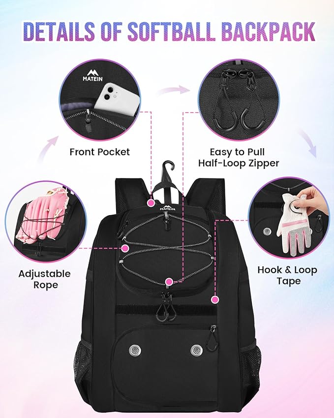 MATEIN Softball Bag, Lightweight Baseball Backpack with Shoe Compartment, Baseball Bag with Fence Hook for TBall Bat & Equipment, Softball Gifts Catchers Backpack for Women Fit Catcher’s Mitt, Helmet