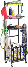 PLKOW Sports Equipment Storage for Garage, Indoor/Outdoor Sports Rack for Garage, Ball Storage Garage Organizer with Basket and Hooks,Toy/Sports Gear Storage