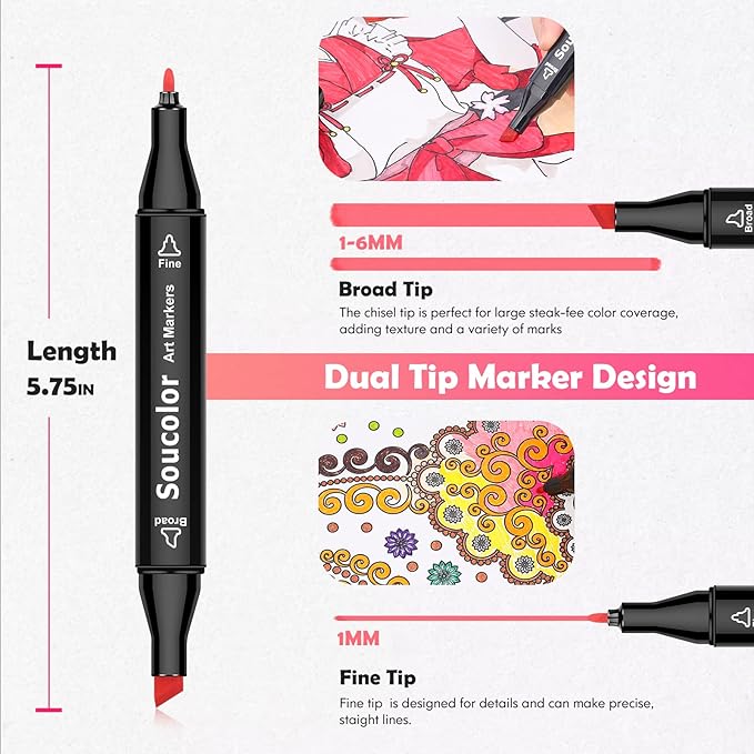 Soucolor Alcohol Markers, 80 Colors Dual Brush Tip Permanent Art Coloring Marker - Image 3