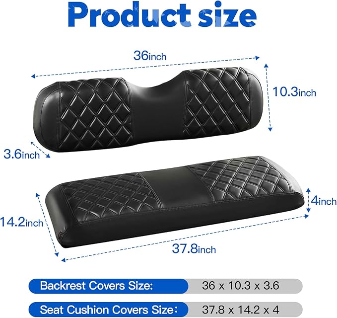 NOKINS Golf Cart Diamond Vinyl Seat Covers, Fit Club Car Precedent/DS/EZGO RXV/TXT/Yamaha Drive Aftermarket Standard Rear Seat Cushion, No Stapler, Multiple Colors and Breathable(Black&Black Stitch)