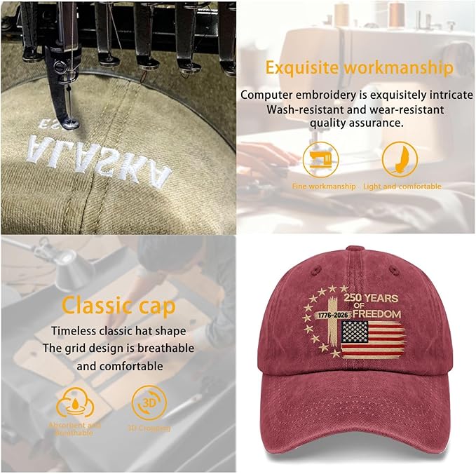 US 250 Years Freedoms 1776-2026 250th Birthday Embroidered Hats Garde Cap for Him