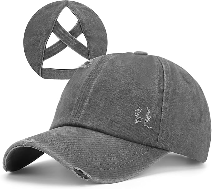 Criss Cross Ponytail Hat Women Washed Distressed Baseball Caps Adjustable High Messy Bun Ponycap