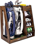 WINGYZ Premium Birch Plywood Golf Bag Storage for 2 Bags | 36lb Rock-Solid Golf Bag Organizer | 7-Shelf Command Center | Artificial Turf 12-Ball Display | No Wall Mounting Required (Brown)