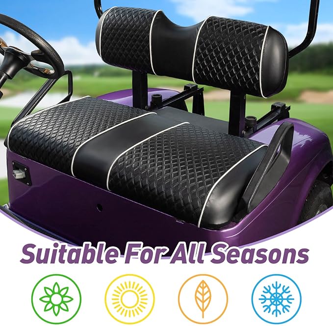 NOKINS Golf Cart Seat Covers Fit for EZGO TXT 1994-2013/EZGO RXV OEM Standard Front Seat Cushion, Backrest Vinyl Leather Litte Diamond Seat Covers, No Stapler Required (Black&White Piping)