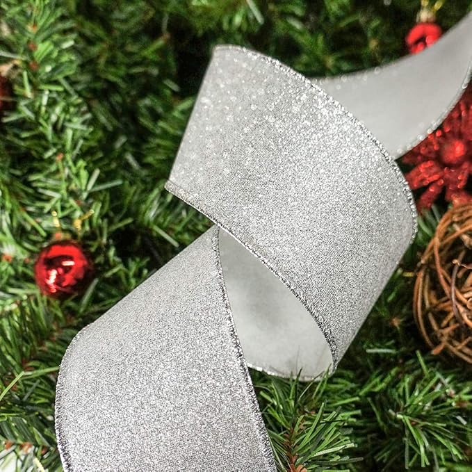 CT CRAFT LLC Glitter Wired Ribbon 2.5" x 10 Yards Silver - Image 5