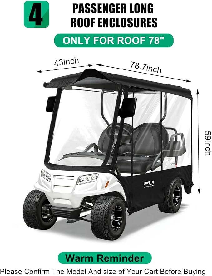 Golf Cart Enclosure 4 Passenger Extended Roof for EZGO/Club Car/Yamaha/ICON, Fits 2+2 Seater Model, 600D Waterproof Rain Cover with Clear PVC Windows and 4-Sided Roll-Up Zipper Doors