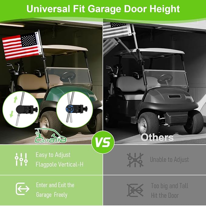 Golf Cart Adjustable Flag Holder, Universal Flagpole for EZGO Club Car Yamaha, Flag Bracket for 0.59-1.18" Round/Oval Square Rails Push Cart, UTV, ATV, Included USA Flags (12"×18")