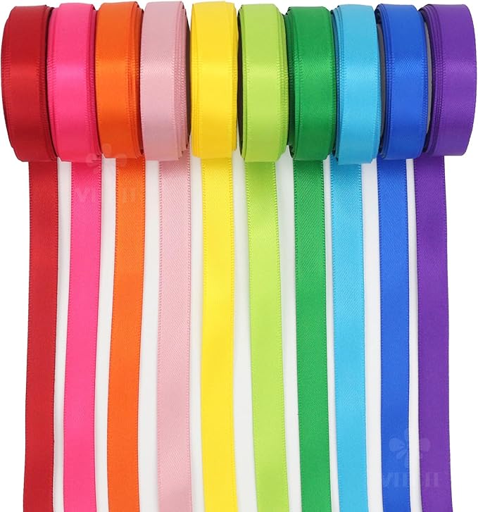 MEEDEE Rainbow Ribbon Solid Color Assortment 10 Colors Double Face Satin Ribbon - Image 2
