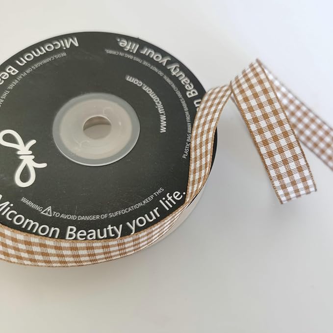 Micomon Khaki and White Woven Edge Plaid Ribbon 100% Polyester Gingham Ribbon - Image 4