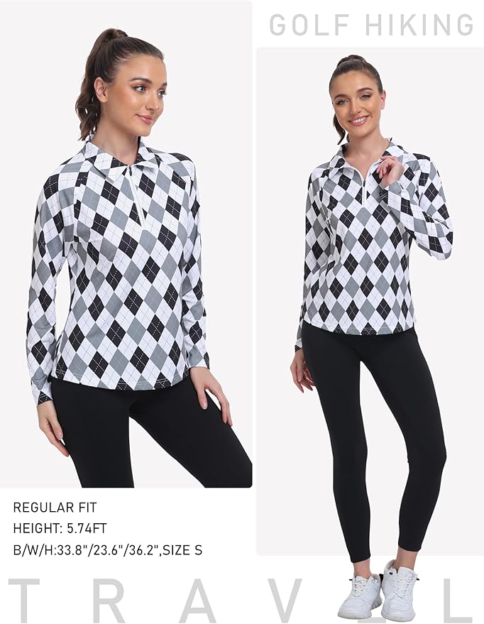 MoFiz Women's Golf Polo Shirt Long Sleeve Collared 1/4 Zip Stretch Soft Athletic Tops for Tennis Hiking & Outdoor Sports