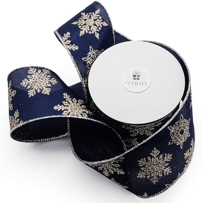 CT CRAFT LLC Navy Satin Gold Snowflake Wired Ribbon 2.5 Inch x 10 Yards - Image 2