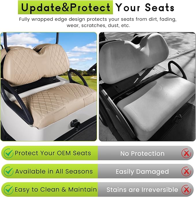 Golf Cart Seat Cover Front and Rear Set of 2 Fit for Club Car Tempo OEM Ordinary Seats No Nails Required Easy to Install & Clean Beige Vinyl Leather Seat Cushion Covers
