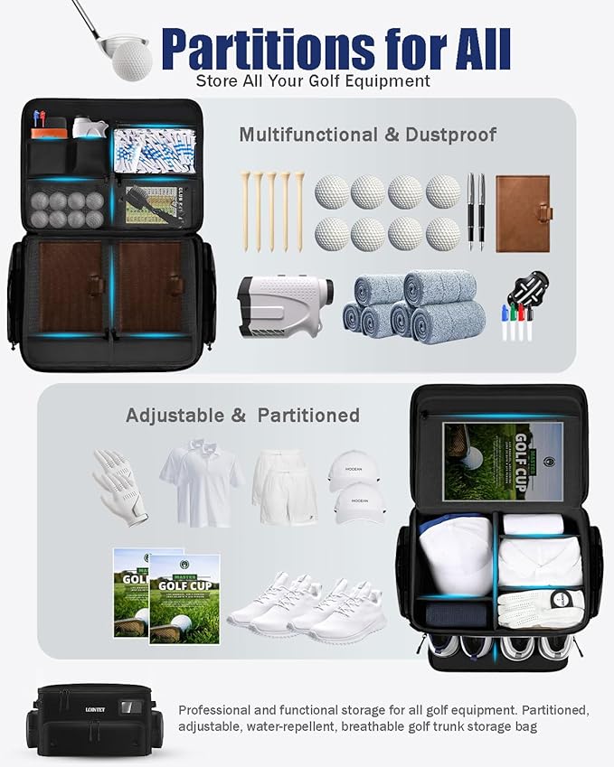 Golf Trunk Organizer, Waterproof Car Golf Locker with Separate Ventilated Compartment for 2 Pair Shoes, Golf Storage for Balls, Tees, Cap, Clothes, Gloves, Accessories, Gifts for Men, Women