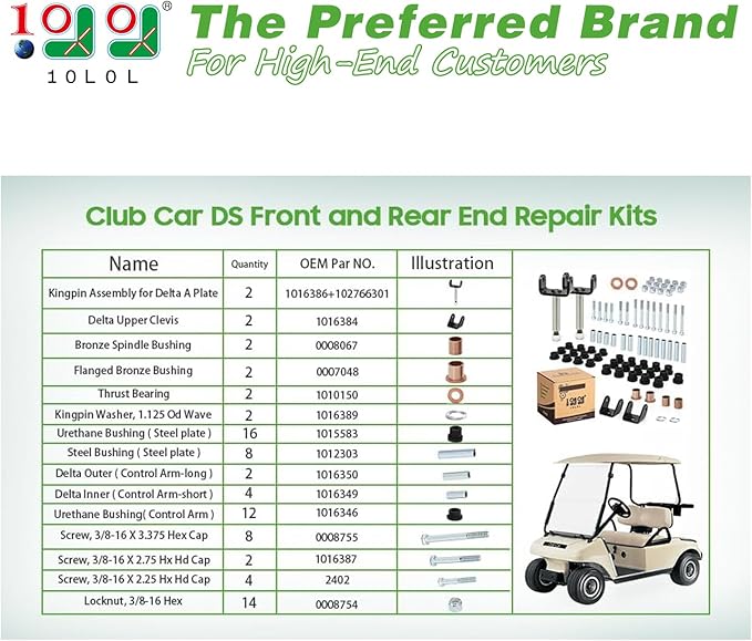 10L0L Golf Cart Repair Bushing Kits - Golf Cart Front Rear End Repair Bushing Kits for Club Car DS 1993 Up - Front Suspension Upper/Lower Rear Kit with Leaf Spring Bushings Sleeve Kit