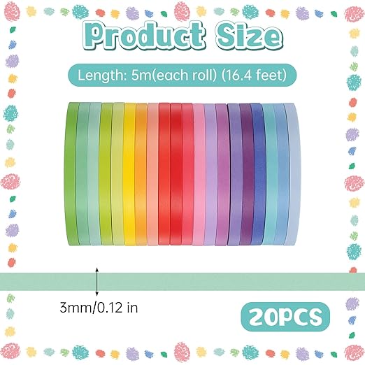 20 Rolls Rainbow Washi Tape Slim, 3mm Colorful Rainbow Pastel Washi Tape Set - Image 2