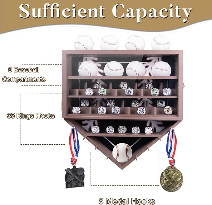 Baseball Ring Display Case, 17.9*16.9*4" , Accommodate 35 Rings, 9 Balls and 8 Medals, Championship Rings Medals Holder, Wall Mount Baseball Case Display, Equipped with a Dust-Proof Door