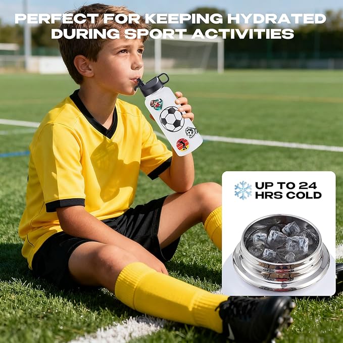 Soccer Water Bottles for Boys 32 oz and 100 PCS Soccer Stickers Sports Insulated Stainless Steel Water Bottle Accessories Stuff Gear Gifts For 8-12 12-14 Player