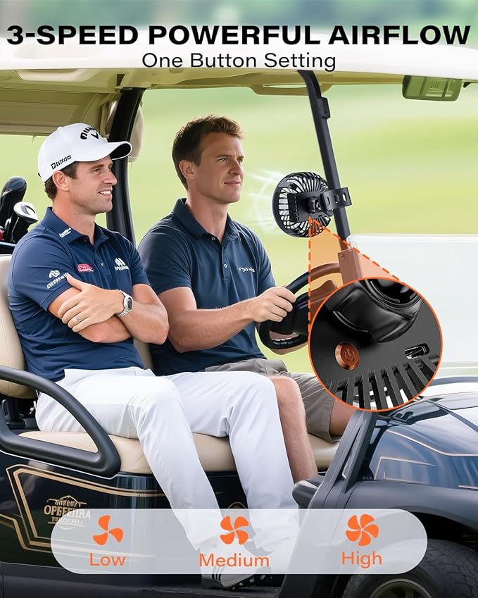 A2C Rechargeable Golf Cart Fan, 4000mAh Battery Operated Clip On Fan for EZGO Club Car Yamaha, 360° Rotating Portable Cooling Fan, 3 Speed Settings, Golf Season Course Cart Essential Accessories