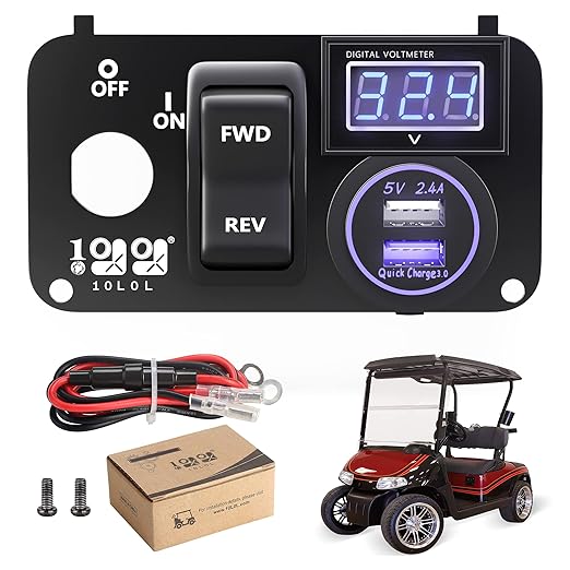 10L0L Golf Cart Integrated Panel Fit for EZGO TXT PDS Golf Models,3in1 Multifunctional Console,12V 3.0 Fast Charge Dual USB Charger Socket & LED Digital Voltmeter & Forward Reverse Switch Button