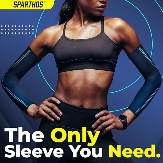 Sparthos Arm Compression Sleeves - Forearm Brace for Recovery, Support for Athletic Sports Running Tennis Baseball Lifting Football Gym Fit Shooting Weightlifting Golf - for Men and Women (Blue-M)