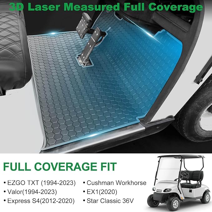 EZGO TXT Golf Cart Floor Mat, Upgraded Full Coverage Liner Mat Replacement Install Easily Thick Rubber Anti-Slip, Fit EZGO TXT (1994+), EX1 (2020), Valor, Cushman Workhorse&Express S4