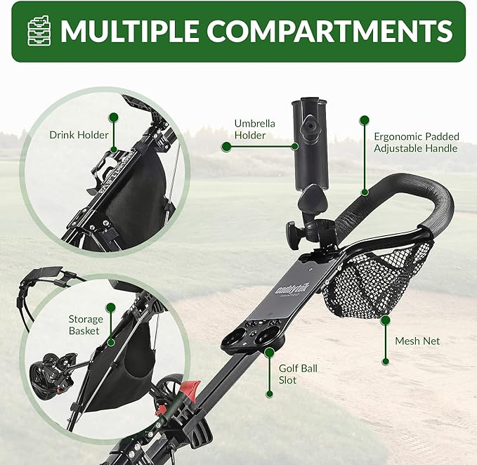 Caddytek CaddyLite 11.5 V3 Golf Push Cart - Lightweight Aluminum 3-Wheel Foldable Golf Bag Cart with Quad-Fold Frame, EVA Wheels, Adjustable Handle, Foot Brake, Mesh Net, Umbrella & Drink Holder