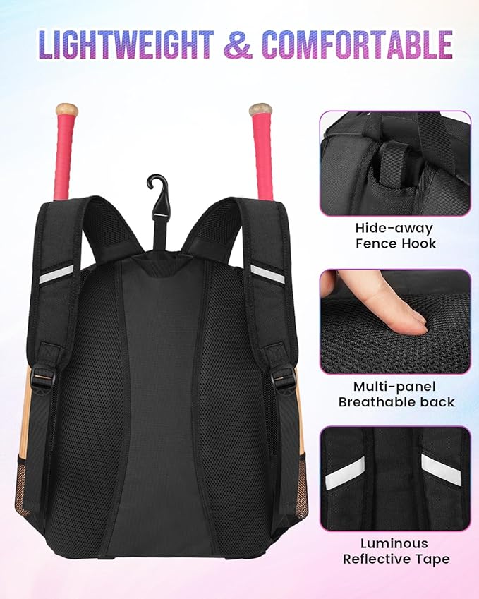 MATEIN Softball Bag, Lightweight Baseball Backpack with Shoe Compartment, Baseball Bag with Fence Hook for TBall Bat & Equipment, Softball Gifts Catchers Backpack for Women Fit Catcher’s Mitt, Helmet