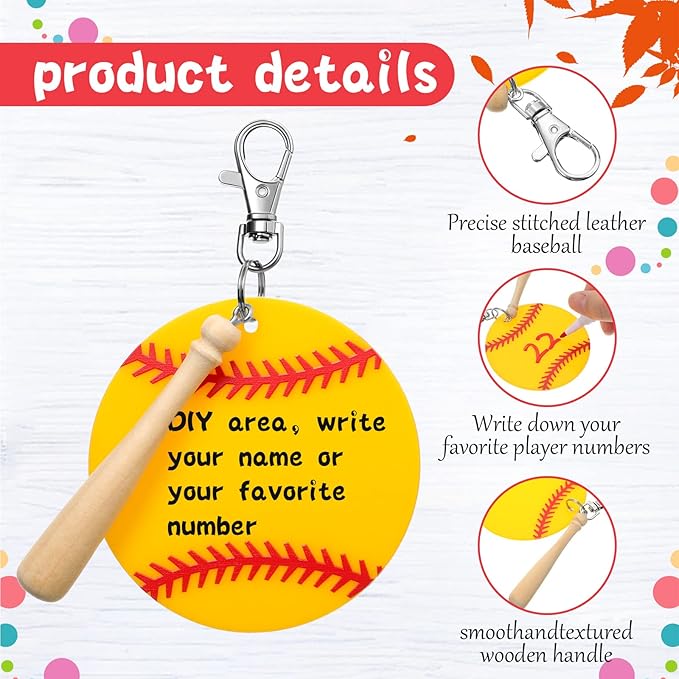 Cunno 36 Pcs Basketball Baseball Softball Tennis Acrylic Keychain Blank Kit 12 Acrylic Keyring 12 Swivel Snap Hook Keychain(Yellow Baseball, 3 Inch)