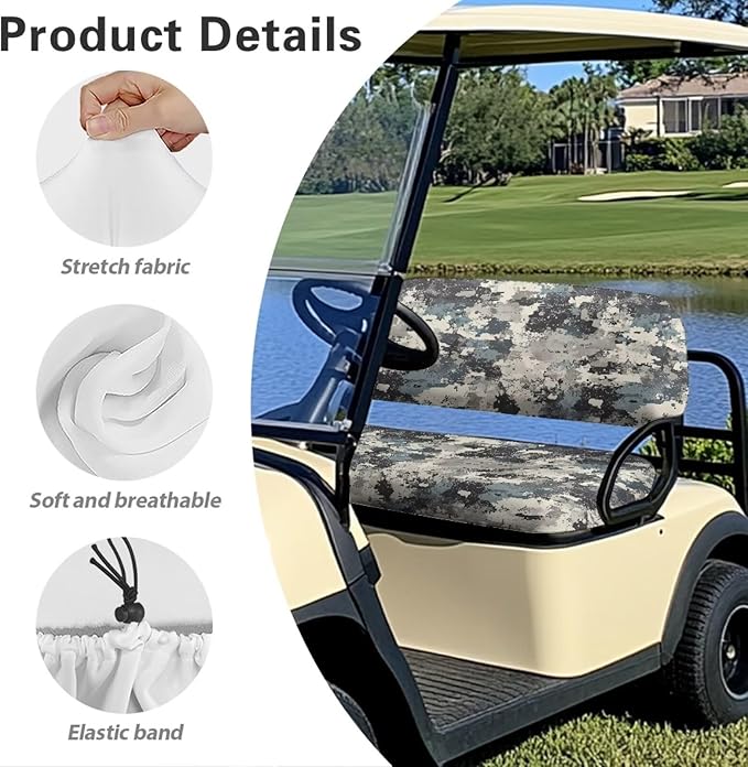 Bulopur Grey Camo Golf Cart Seat Cover Set Slip On Seat Covers for Golf Carts Easy Installation Washable Bench and Backrest Cover Compatible with EZGO & Club Car