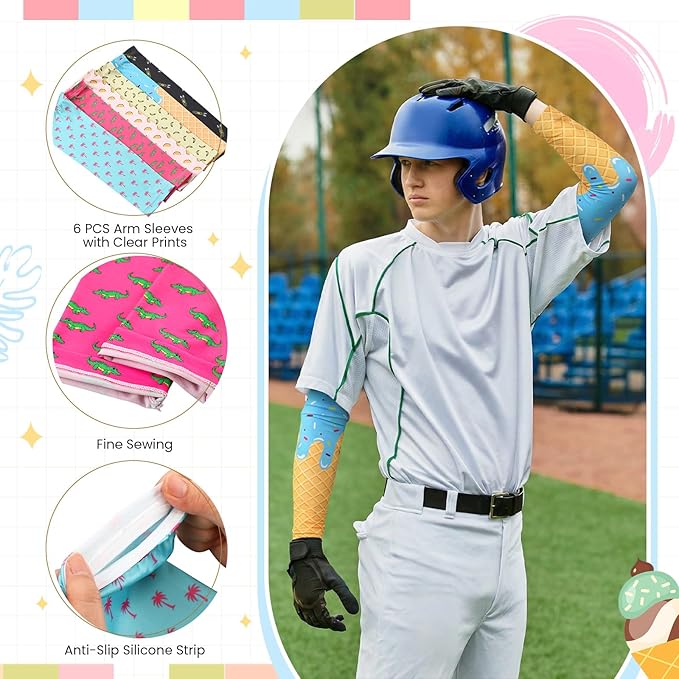 6 Pair Baseball Arm Sleeves Ice Cream Drip Palm Tree Sun Protection Youth Breathable Cooling Sleeve