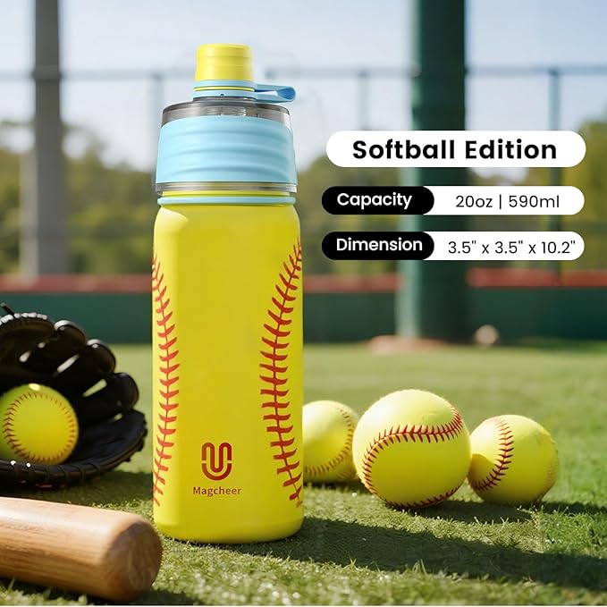Softball Water Bottle - 20oz Insulated Misting Water Bottles Stainless Steel 3D Textured - Softball Accessories Gift for Kids