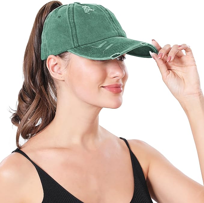 Criss Cross Ponytail Hat Women Washed Distressed Baseball Caps Adjustable High Messy Bun Ponycap