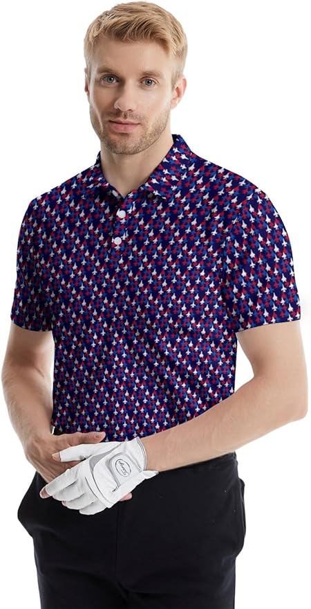 HUURAY Funny Golf Polos for Men Funny Print Short Sleeve Shirts Quick Dry Polo Shirts Hawaiian Shirt Performance Golf Outfits