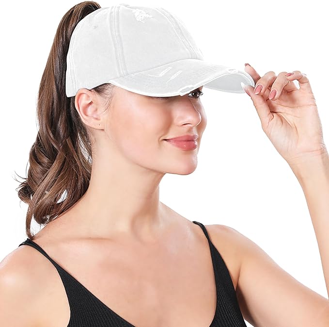 Criss Cross Ponytail Hat Women Washed Distressed Baseball Caps Adjustable High Messy Bun Ponycap