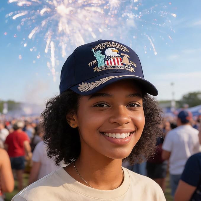 2 Pack 250 Anniversary USA Hat Embroidered Eagle & Liberty，Adjustable Patriotic American Flag Baseball Caps for Men Women