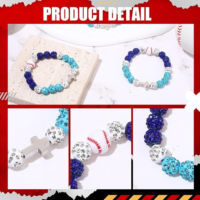 Landical 12 Pcs Baseball Ice Bracelet Beaded Charm Bracelets Cross Accessory Gifts for Baseball Team Party Favors