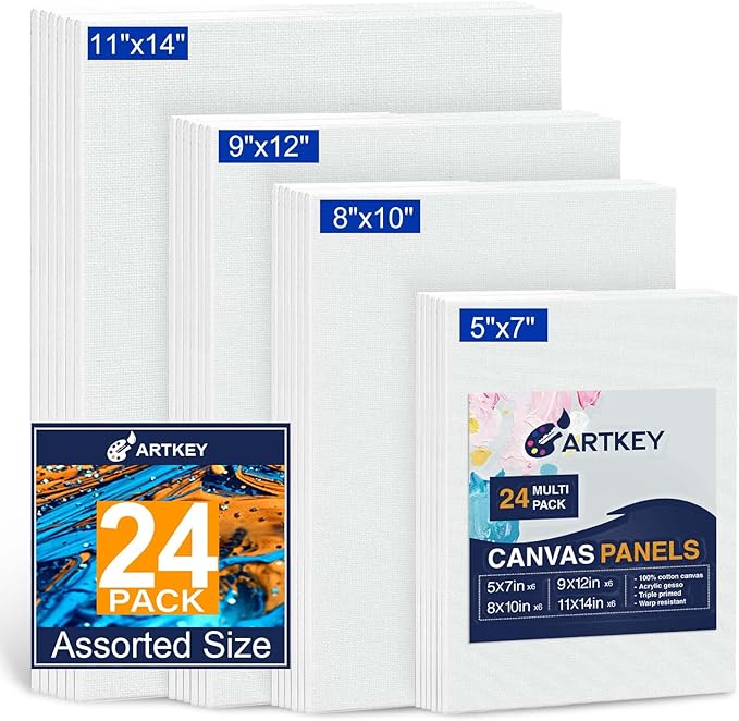 Canvas Panels 24-Pack 5x7, 11x14 Inch, 10 oz Primed 100% Cotton Canvases by Artkey