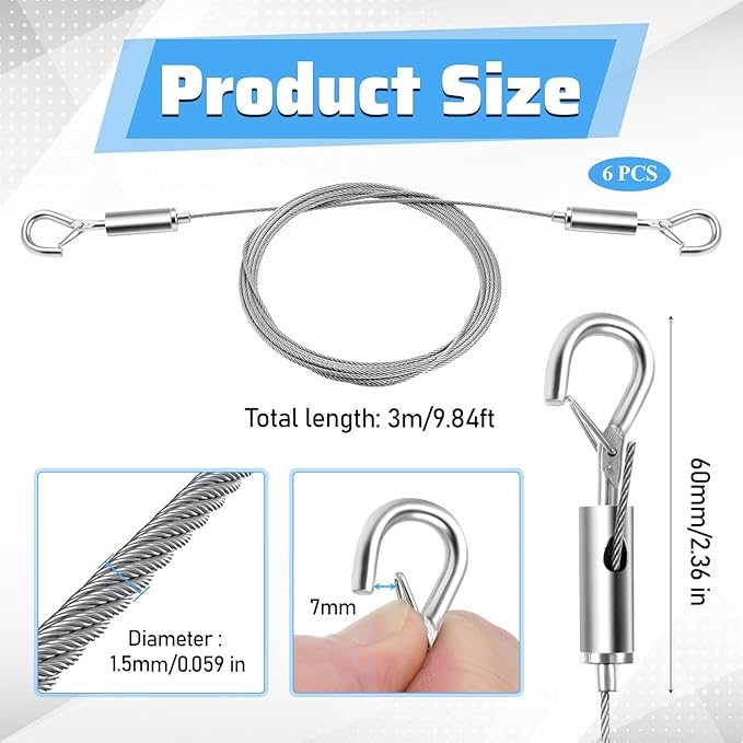 6 Pcs Picture Hanging Wire Heavy Duty Adjustable Art Hanging Wire 9.8FT x1.5mm - Image 2