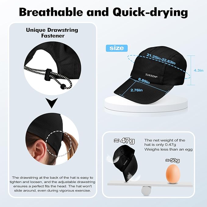 Sukeen Lightweight Sun Hat for Women Men,Quick Drying Baseball Cap UPF50+ Running Hats Foldable Sport Cap for Outdoor Daily