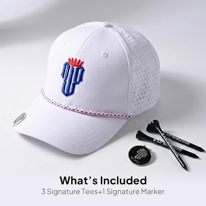 NJF Golf Hat Men - Breathable Mens Golf Hats, Adjustable Rope Hook and Loop Style Cap, Convenient Cap with Tee Holder