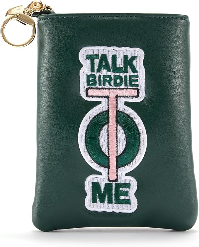 PINKTEE Golf Valuables Pouch Premiun Leather Tee Bag Funny Golf Accessories Organizer with Zipper Master Green for Women Men (TALK BIRDIE TO ME, White stripe)