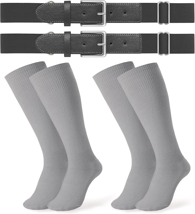 JASGOOD 2 Pack Baseball Socks and Belt Combo Set Softball Socks and Belts Elastic Waist Belt for Youth and Adult Boys